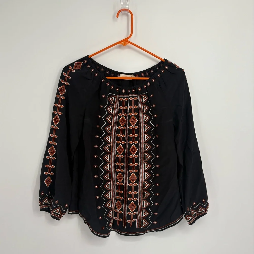 Tory Burch Jessie Black Silk Blouse with Orange Embroidery